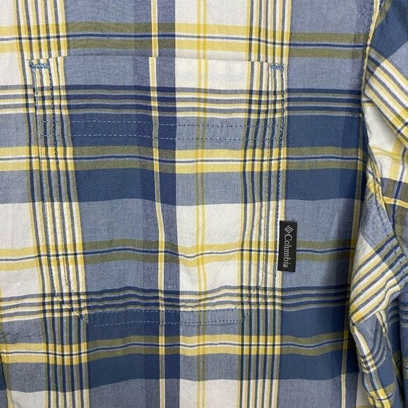 Columbia Sz Medium Short-Sleeve Button-Down Plaid Shirt Blue Yellow White - Picture 3 of 5